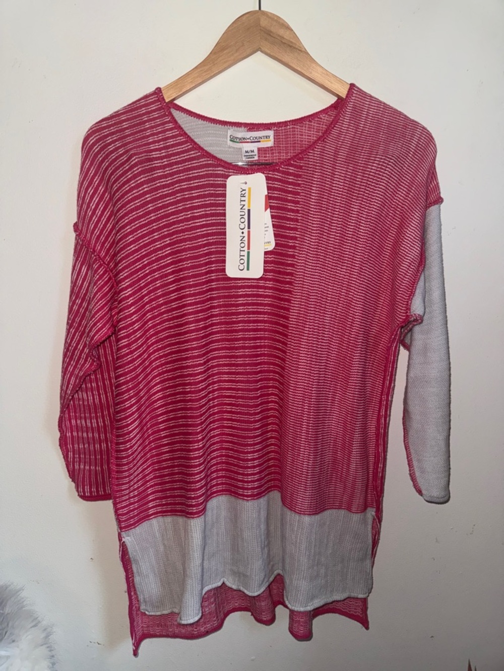 NWT Cotton & Country by Parkhurst Pink Stripe Two-Tone Knit Top Size M Tunic